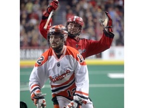 Calgary Roughnecks Rhys Duch scores the winning goal as they win the NLL Champion's Cup, winning the National Lacrosse League title by beating the Buffalo Bandits at the Scotiabank Saddledome in Calgary on Saturday, May 25, 2019. Darren Makowichuk/Postmedia