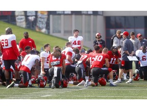 Calgary Stampeders Head coach Dave Dickenson speaks to his team after the Stamps held their mock game at McMahon stadium in Calgary on Sunday, May 26, 2019. Darren Makowichuk/Postmedia