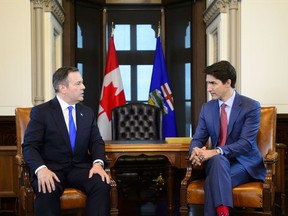 Prime Minister Justin Trudeau meets with Alberta Premier Jason Kenney in his office on Parliament Hill in Ottawa on Thursday, May 2, 2019.