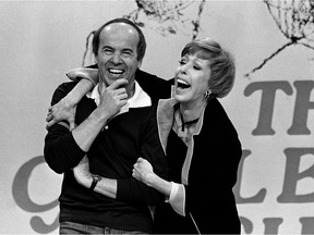 FILE - In this March 19, 1978 file photo, Carol Burnett, right, laughs with Tim Conway during taping of her final show, in Los Angeles. Conway, the stellar second banana to Burnett who won four Emmy Awards on her TV variety show, died Tuesday, May 14, 2019, according to his publicist. He was 85.