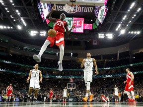 Toronto Raptors' Pascal Siakam dunks during the second half of Game 5 of the NBA Eastern Conference basketball playoff finals against the Milwaukee Bucks Thursday, May 23, 2019.
