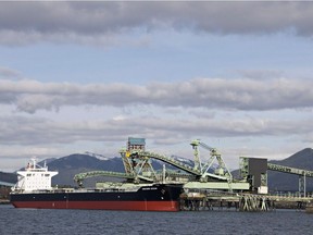 The bulk carrier Unicorn Ocean is seen loading coal at Ridley Terminals, part of the Prince Rupert port system.
