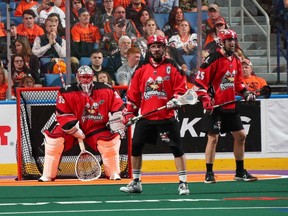 Calgary Roughnecks goalkeeper Christian Del Bianco made 48 saves in Game 1 of the NLL Finals in Buffalo on Saturday.