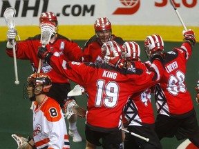 Calgary Roughnecks celebrate a goal on Buffalo Bandits goalie, Matt Vinc in Game 2 of the 2019 NLL  Finals at the Scotiabank Saddledome  Calgary on Saturday, May 25, 2019. Darren Makowichuk/Postmedia