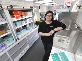 HIV Community Link, Executive Director, Leslie Hill and community partners held a open house to show their new SCS mobile unit at the Alex Community Food Centre in Calgary on Thursday, May 2, 2019. Darren Makowichuk/Postmedia