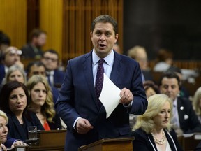 Conservative Leader Andrew Scheer stands during question period in the House of Commons on Parliament Hill in Ottawa on Wednesday, May 15, 2019.