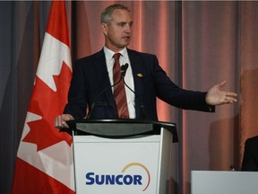 Incoming Suncor president and CEO Mark Little addresses the company's annual meeting in Calgary on Thursday, May 2, 2019.