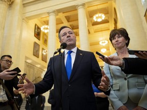 Alberta Premier Jason Kenney speaks to reporters after appearing at the Standing Senate Committee on Energy, the Environment and Natural Resources about Bill C-69 at the Senate of Canada Building on Parliament Hill in Ottawa on Thursday, May 2, 2019.