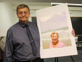 Paul Morck stands with a photo of his late wife, Barb, during a Dying With Dignity public forum at the Kerby Centre on Saturday, June 8th, 2019. Barb, died last December after a battle with cancer. She was denied Medically Assisted death. (Zach Laing / Postmedia Network)