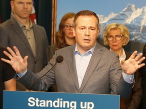 Premier Jason Kenney speaks to reporters before meeting with key energy stakeholders to discuss the launch of the UCP government's energy war room in Calgary.