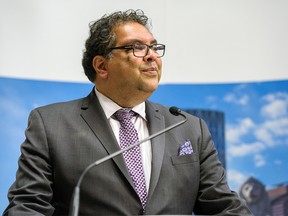 Mayor Naheed Nenshi discusses the Resilient Calgary strategy, a project launched by The City to help prepare Calgary and its community for future shocks, outside the Council Chamber on Tuesday, June 18, 2019.
