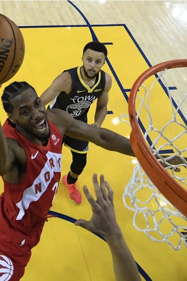 Kawhi Leonard #2 of the Toronto Raptors attempts a shot against the Golden State Warriors during Game Six of the 2019 NBA Finals at ORACLE Arena on June 13, 2019 in Oakland, California.