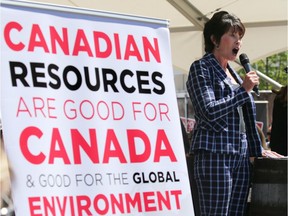 Alberta Energy Minister Sonya Savage spoke to several thousand pro pipeline protesters rallying at Stampede Park during the Global Petroleum Show in Calgary on Tuesday, June 11, 2019.