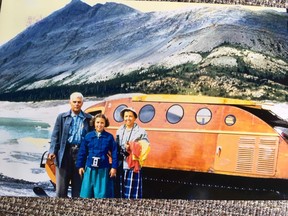 A young Marilyn Barnes with her parents at the Columbia Icefield in 1952. Guides today refer to the old buggy as the Shake and Bake.  Photo, Michele Jarvie