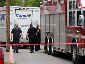 Police, EMS and the Calgary fire department responded to a serious injury accident with a delivery truck behind a retirement home in the 4900 block of Elbow Drive S.W. on Thursday, June 20, 2019.  Gavin Young/Postmedia
