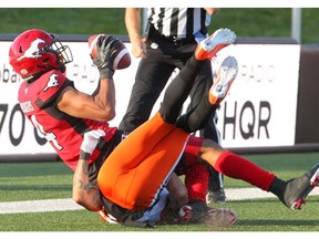 Stamps Receiver Eric Rogers pulls in the ball to score the winning touchdown with under 1 minute to go as Calgary Stampeders beat BC Lions 36-32 at McMahon Stadium during week 3 of CFL action. Saturday, June 29, 2019. Brendan Miller/Postmedia
