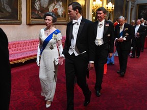 Princess Anne, the Princess Royal, and Jared Kushner, U.S. President Donald Trump's son-in-law, arrive through the East Gallery during a state banquet in the ballroom at Buckingham Palace in London on June 3, 2019, on the first day of the US president and First Lady's three-day State Visit to the U.K.