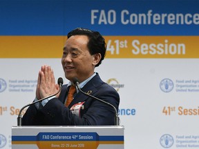 Newly-appointed FAO Director-General, China's Qu Dongyu acknowledges applause on June 23, 2019 following the delegates' vote during the FAO 41st Conference at the Food and Agriculture Organization of the United Nations (FAO) headquarters in Rome. (Photo by Vincenzo PINTO / AFP)VINCENZO PINTO/AFP/Getty Images