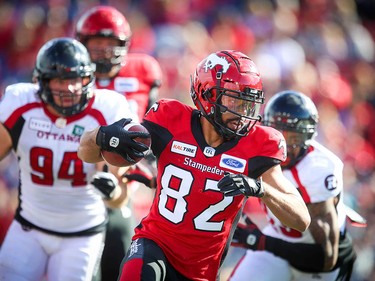 Calgary Stampeders Juwan Brescacin runs for a first down after making catch against the Ottawa Redblacks during CFL football in Calgary on Saturday, June 15, 2019. Al Charest/Postmedia