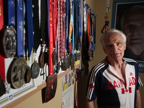 Calgary runner Gerry Miller is currently the top ranked marathoner in the world in the 80 years and over category. He was photographed at his Calgary home on Tuesday June 4, 2019.  Gavin Young/Postmedia