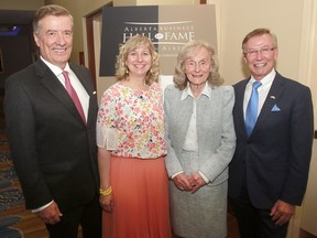 Geoffrey Cumming , Jay Westman, Kathy Rwamuningi, sister of the late Suzanne West and Marg Southern  are shown at the 2019 Alberta Business Hall of Fame luncheon.