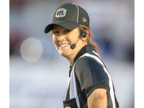 Emily Clarke was one of two female officials working the CFL exhibition game between the Calgary Stampeders and Saskatchewan Roughriders in Calgary on Friday, May 31, 2019 a historic first for the CFL. Al Charest/Postmedia