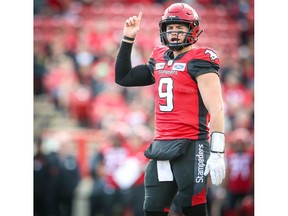 Calgary Stampeders quarterback Nick Arbuckle  calls out plays against the Saskatchewan Roughriders during CFL pre-season football in Calgary on Friday, May 31, 2019. Al Charest/Postmedia