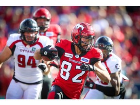 Calgary Stampeders Juwan Brescacin runs for a first down after making catch against the Ottawa Redblacks during CFL football in Calgary on Saturday, June 15, 2019. Al Charest/Postmedia