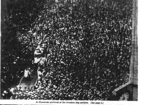 This crowd gathered in downtown Calgary — the largest gathering of its kind at the time — to pray for Allied forces on D-Day, June 6, 1944.