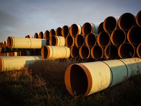 Miles of unused pipe, prepared for the proposed Keystone XL pipeline, sit in a lot outside Gascoyne, North Dakota.