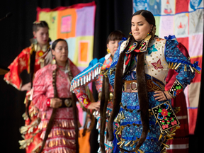 Jingle Dancers perform at the closing ceremony marking the conclusion of the National Inquiry into Missing and Murdered Indigenous Women and Girls in Gatineau, Quebec on June 3, 2019.