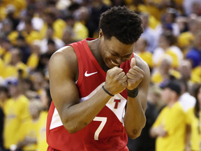 Kyle Lowry of the Toronto Raptors celebrates late in the Game 6 against the Golden State Warriors.
