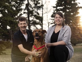 Rosco was inducted into the Purina Animal Hall of Fame. The three-year-old Shepherd mixed breed from Calgary is being credited with helping save the life of Bryan Ouellette, the father of its owner, Brittany Ouellette. Brittany Ouellette, Rosco's owner and Bryan Ouellette, Brittany's father. Credit: Purina Canada