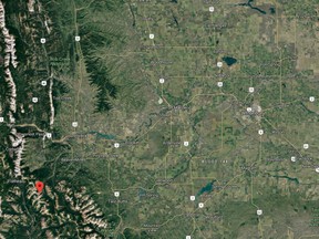 A skier is dead after falling down a rocky slope on Mount Haig, marked by a red pinpoint. The 22-year-old man was reportedly from Lethbridge, visible on this map. Map courtesy Google Maps.