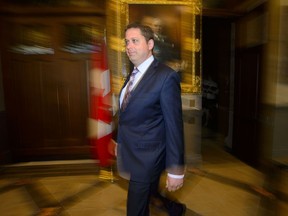 Conservative Leader Andrew Scheer makes his way to a media availability in the foyer of the House of Commons on Parliament Hill, in Ottawa on Monday, June 10, 2019.