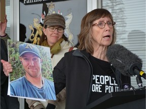 Mother Kym Porter was one of a handful of advocates who protested outside of Minister Tyler Shandro's office on Friday, June 7, against the United Conservative's decision to freeze funding to new supervised drug-consumption sites. Porter lost her 31-year-old son to a fentanyl overdose in 2016. Alanna Smith/Postmedia