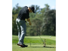 Andrew Harrison, of Camrose Alta., tees off on the 11th hole during third round play at the 111th Canadian Men's Amateur Golf Championship at the Weston Golf and Country Club on Wednesday August 12, 2015. Jack Boland/Toronto Sun/Postmedia Network