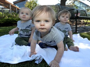 From left, brothers Kaysen, Easton and Nixon Townsend, 11months, were among 16 families — 14 with triplets and two with quadruplets — who met at the Calgary Zoo for the day on Saturday, June 22, 2019.