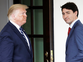U.S. President Donald Trump greets Prime Minister Justin Trudeau at the White House, on June 20, 2019.