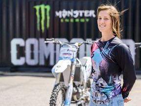 Kassie Boone, motocross rider with the Monster Energy motocross show, poses for a photo at Thrill Zone on Stampede Grounds on Thursday, July 11, 2019. Azin Ghaffari/Postmedia Calgary