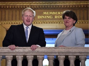 BELFAST, NORTHERN IRELAND - JULY 02: Conservative Party leadership contender Boris Johnson meets with DUP leader Arlene Foster at Stormont on July 2, 2019 in Belfast, Northern Ireland. Boris Johnson and Jeremy Hunt are the remaining candidates in contention for the Conservative Party Leadership and thus Prime Minister of the UK. Results will be announced on July 23rd, 2019.