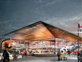 Artist renderings shown during a presentation to the city of Calgary on arena/event centre district.