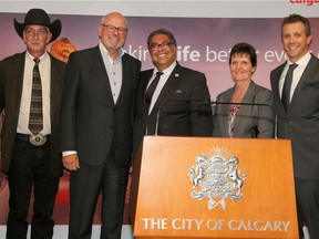 Calgary Stampede CEO Warren Connell, from left, Flames ownership vice-chairman Ken King, Mayor Naheed Nenshi and city manager Glenda Cole announce a deal for a new NHL arena to replace the Saddledome on Monday, July 22, 2019.