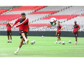 Cavalry FC Mauro Eustaquio strikes the ball on net during practice at BC Place in Vancouver, BC on Tuesday, July 23, 2019. Cavarlry FC play Vancouver Whitecaps in the second leg of the third round of the 2019 Canadian Championships on Wednesday night. Jim Wells/Postmedia