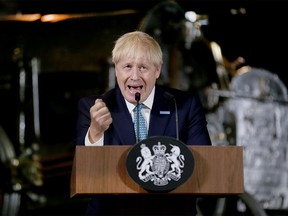 Britain's Prime Minister Boris Johnson gestures during a speech on domestic priorities at the Science and Industry Museum in Manchester, Britain July 27, 2019. Lorne Campbell/Pool via REUTERS ORG XMIT: BOS043