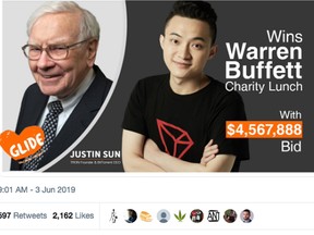Justin Sun’s tweet announcing that he won the bid to have lunch with investing legend Warren Buffett.