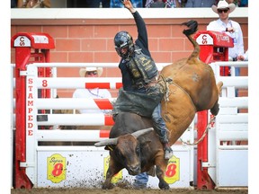 Sage Steele Kimzey of Strong City, Okla., hangs on tight for an 91 on a bull named Nickle Package during the bull-riding event at the Calgary Stampede rodeo on Friday. Photo by Al Charest/Postmedia.