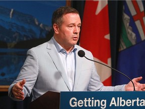 Alberta Premier Jason Kenney speaks to media at a press conference held at McDougall Centre on Tuesday, July 23, 2019.