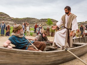 Tim Hildebrand as Peter and Aaron Krogman as Jesus in the Canadian Badlands Passion Play.