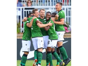 Cavalry FC  celebrate after a goal against the York9 FC during a 1-0 victory in Canadian Premiere League soccer at Spruce Meadows ATCO field in Calgary on Sunday, July 21, 2019. Al Charest / Postmedia